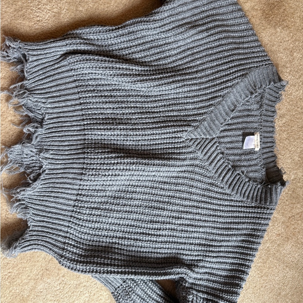 Main Strip Charcoal V-Neck Sweater with Fringe